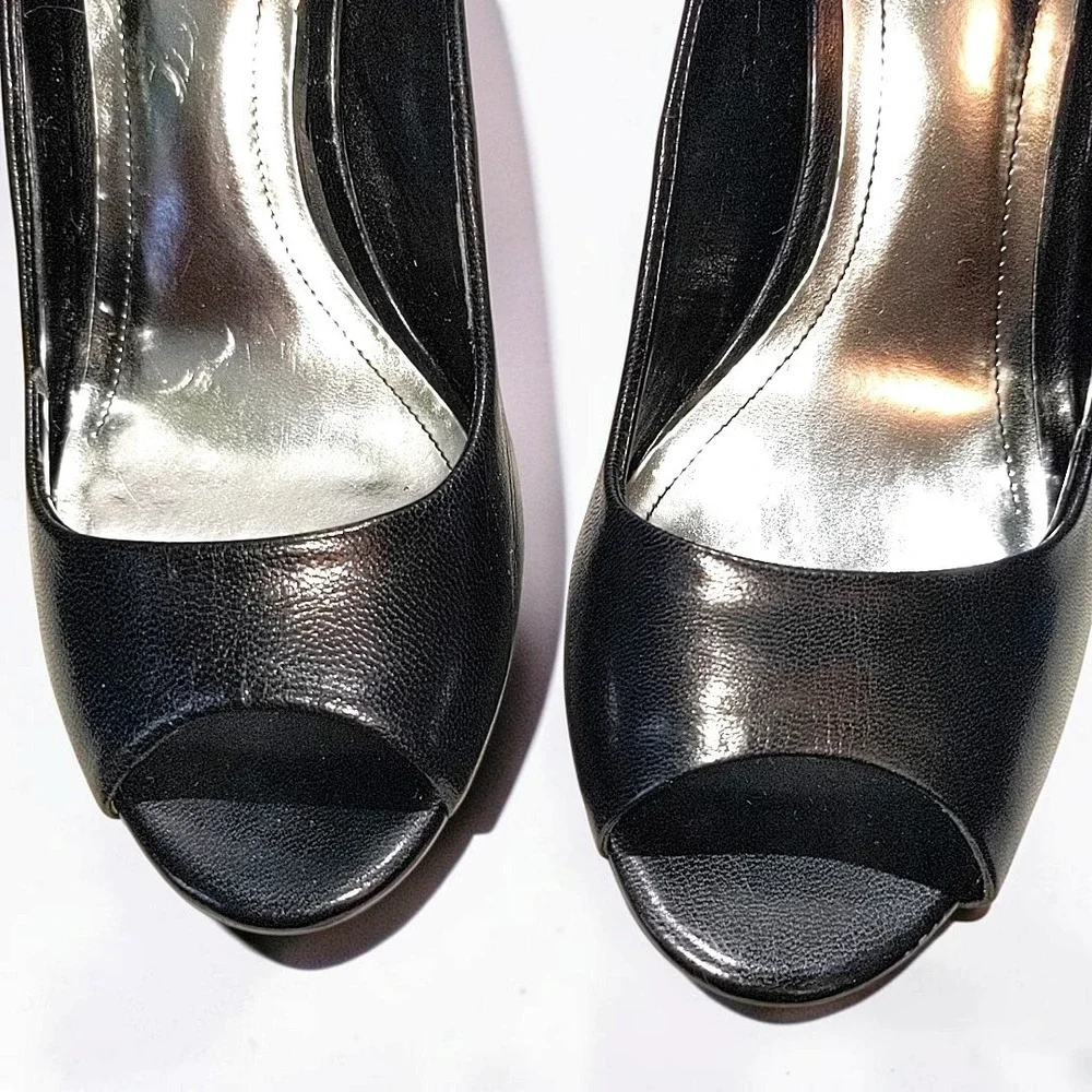 Style & Co Celine Black Leather Peep Toe Platform Pumps Heels Womens 8.5 Formal